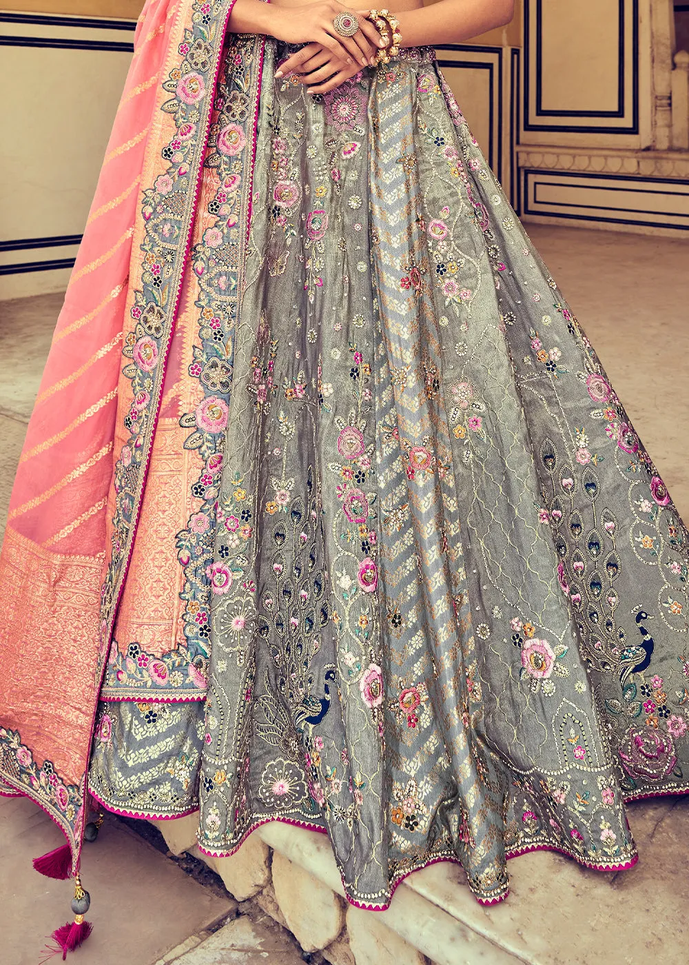 Seal Grey Banarasi Silk Lehenga Choli with Khatli and Heavy Embroidered work