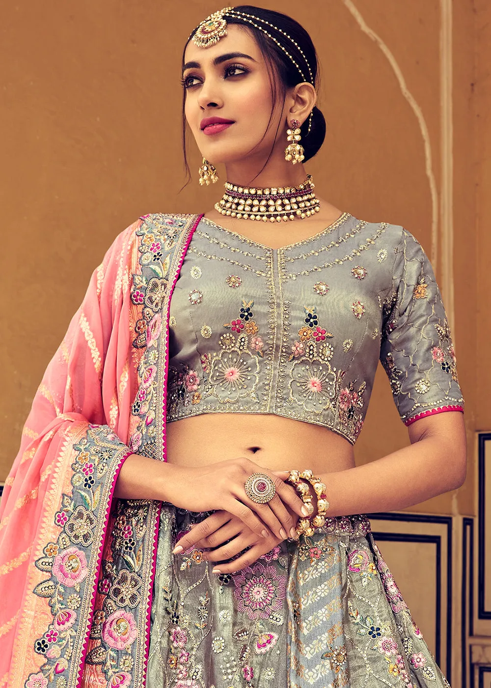 Seal Grey Banarasi Silk Lehenga Choli with Khatli and Heavy Embroidered work