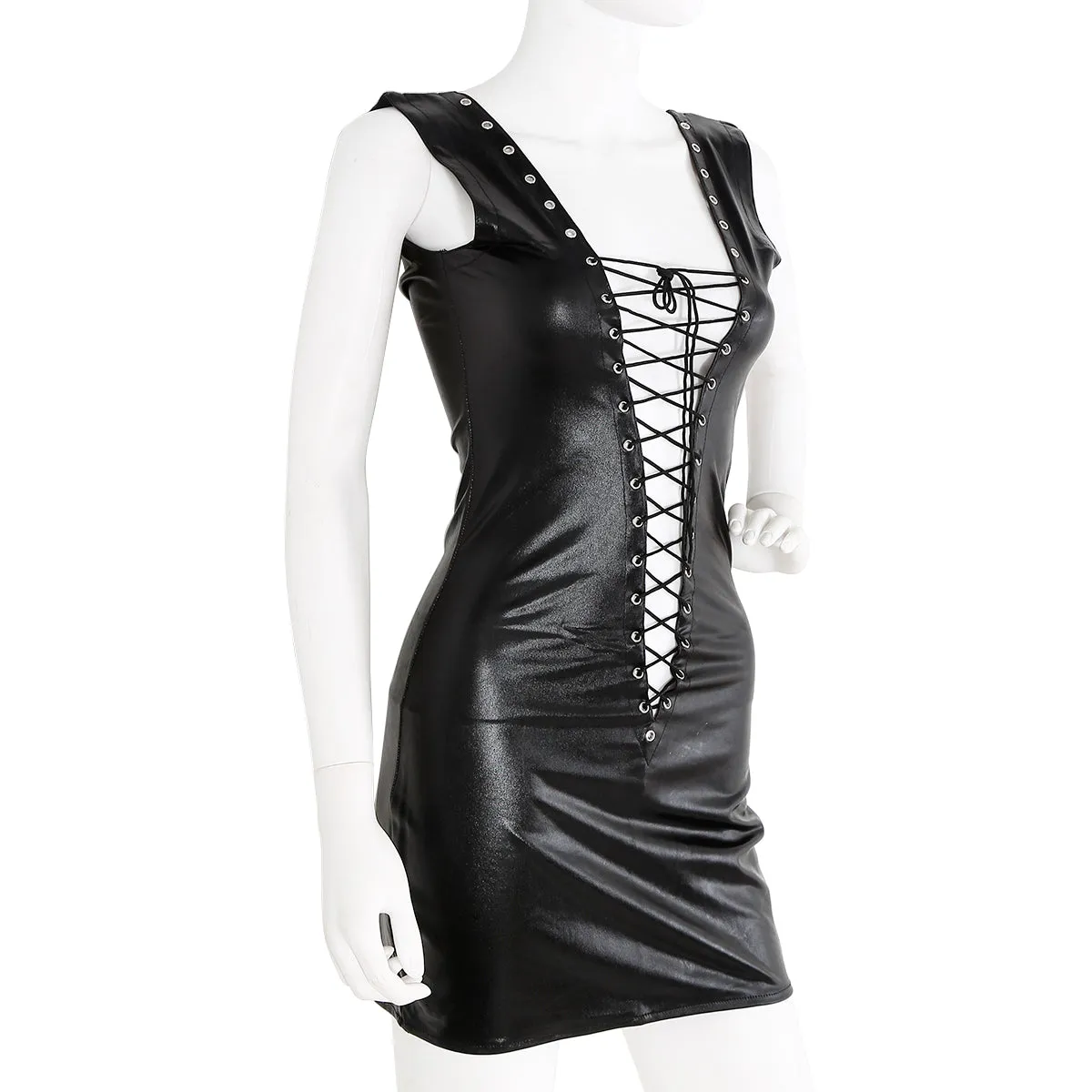 Sexy Faux Leather Bodycon Dress | Wet Look | Lace Up | Stretch One Size