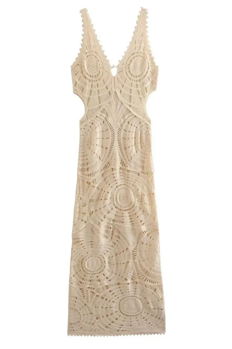 Sexy V Neck Cutout Circle Crochet Open Knit Maxi Beach Vacation Dress - Beige