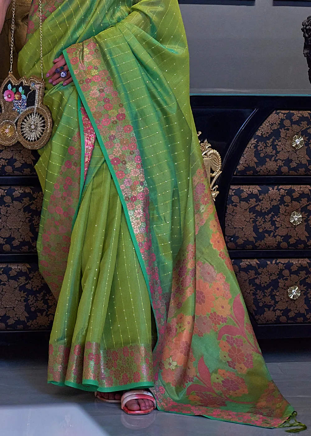 Sheen Green Handloom Woven Dual Tone Organza Silk Saree with Sequins Work