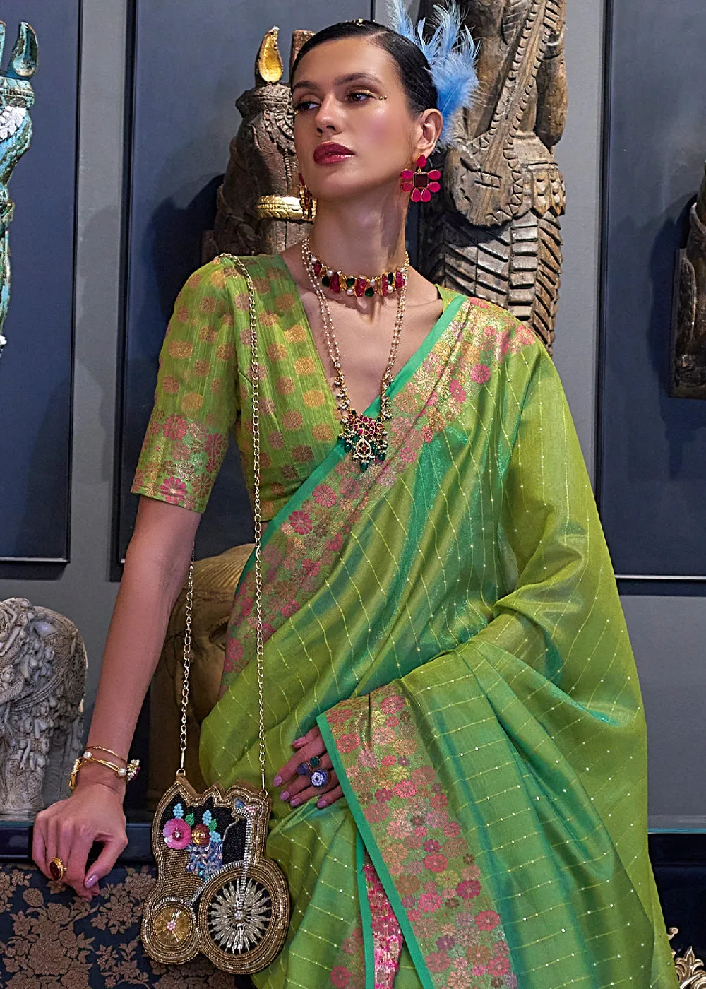 Sheen Green Handloom Woven Dual Tone Organza Silk Saree with Sequins Work