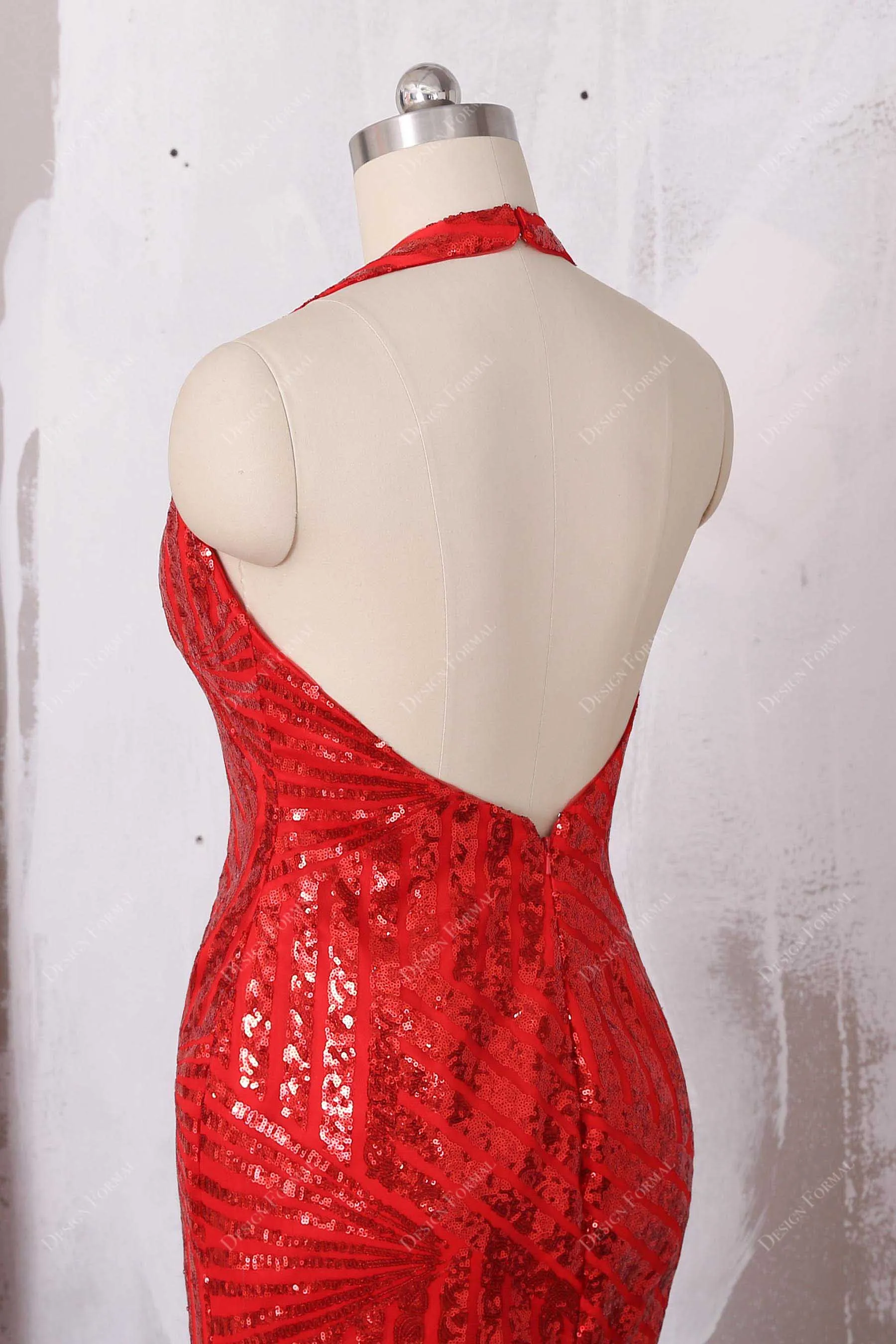 Shiny Ruby Striped Sequin Halter Plunging Mermaid Prom Dress