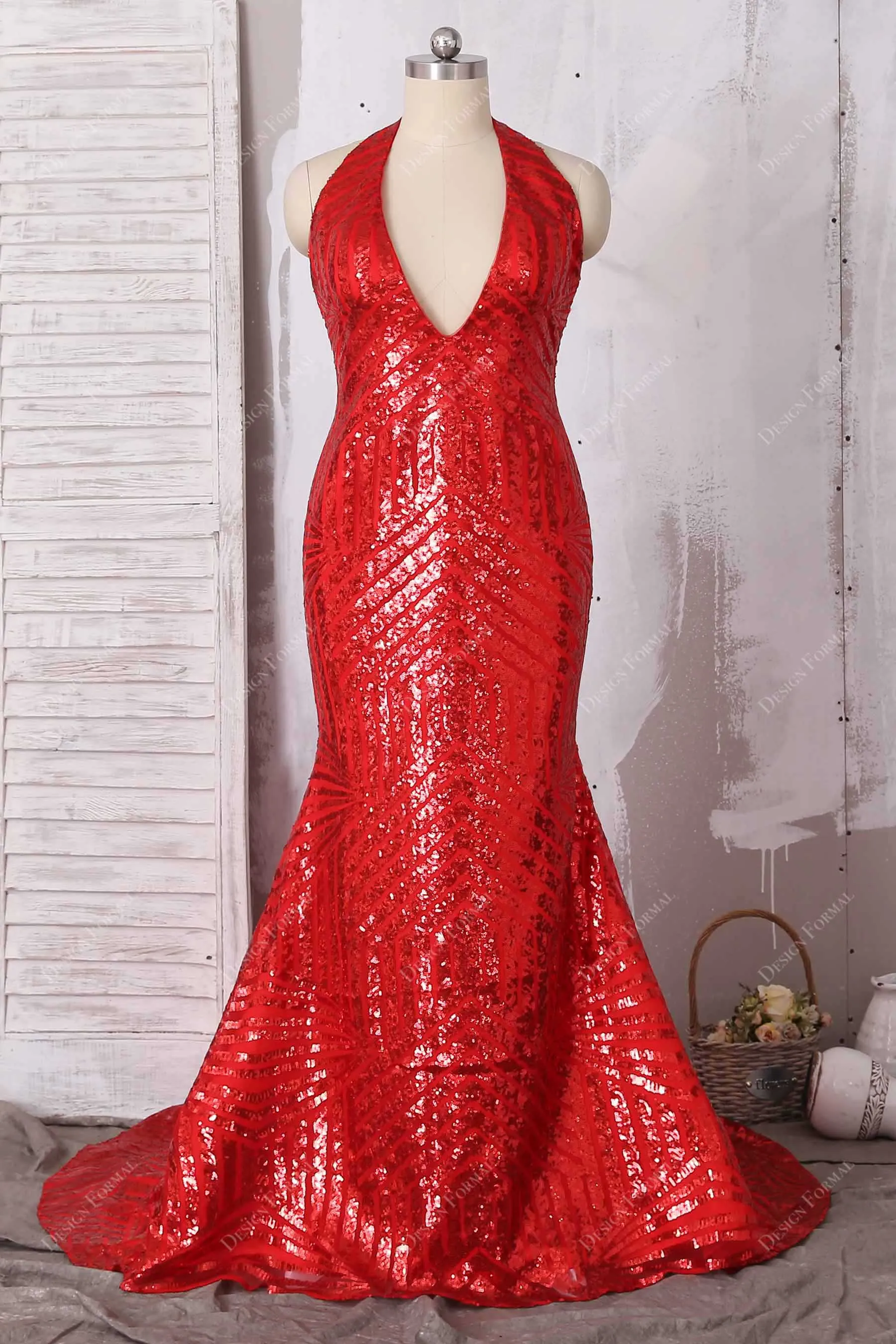 Shiny Ruby Striped Sequin Halter Plunging Mermaid Prom Dress