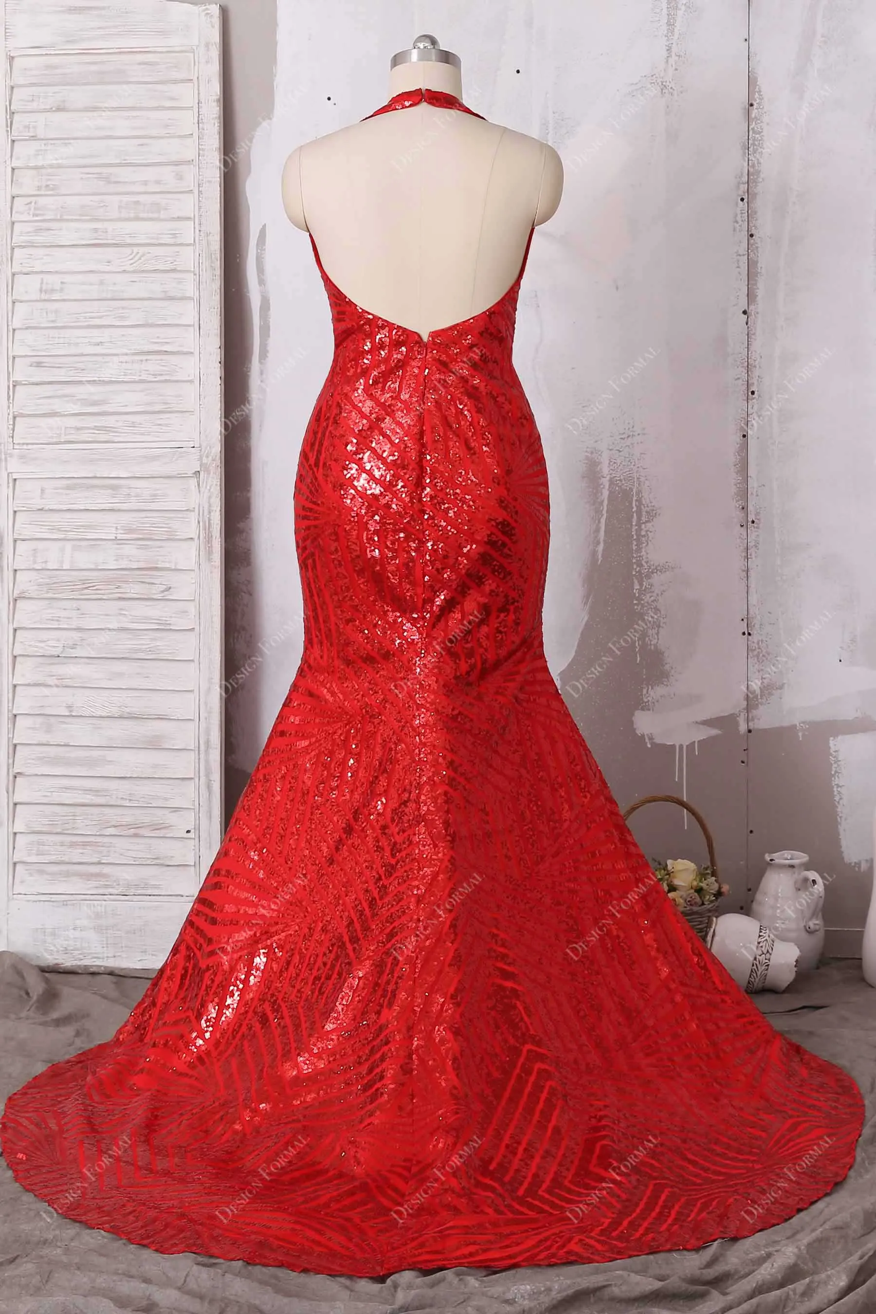 Shiny Ruby Striped Sequin Halter Plunging Mermaid Prom Dress