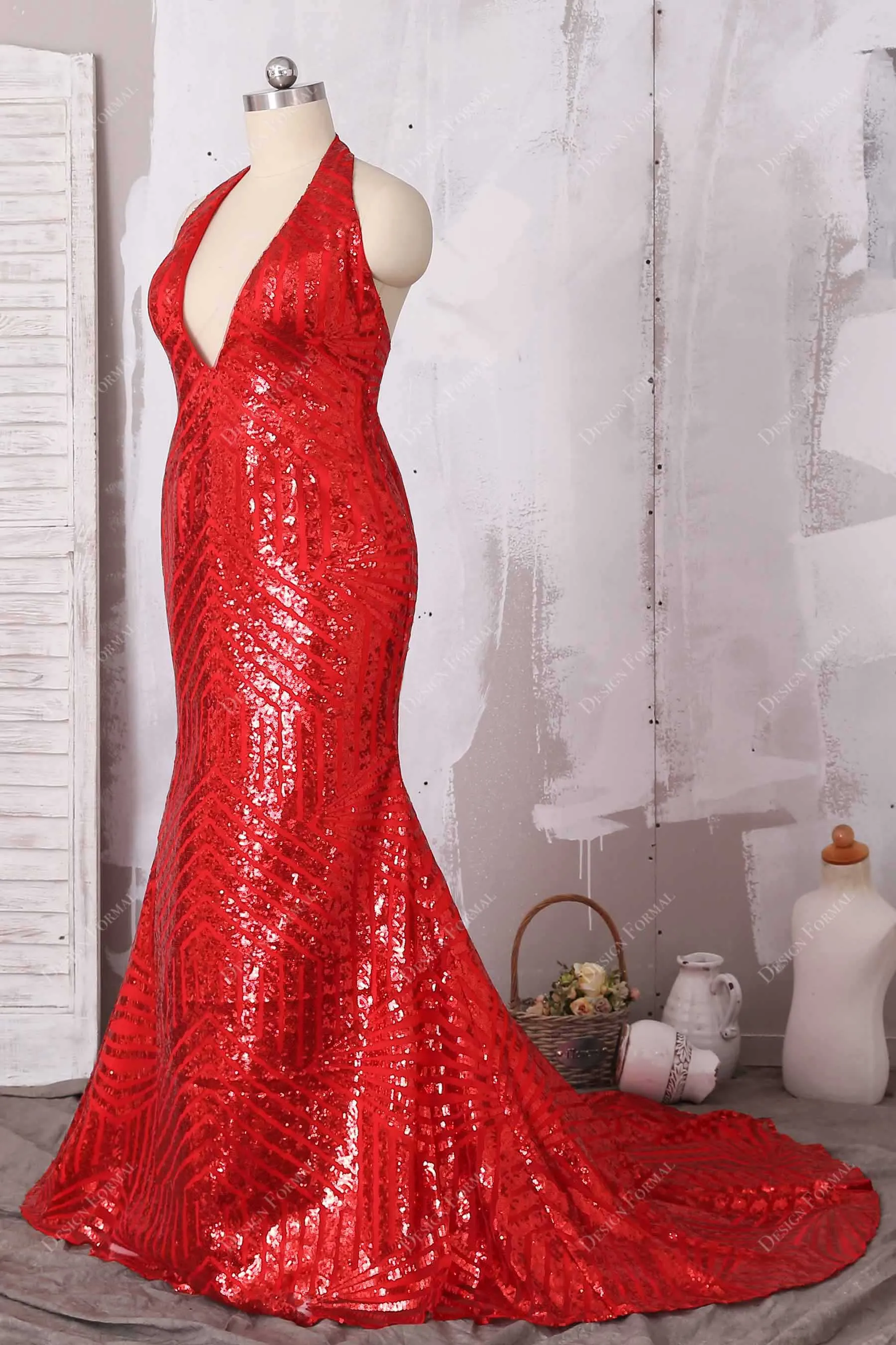 Shiny Ruby Striped Sequin Halter Plunging Mermaid Prom Dress