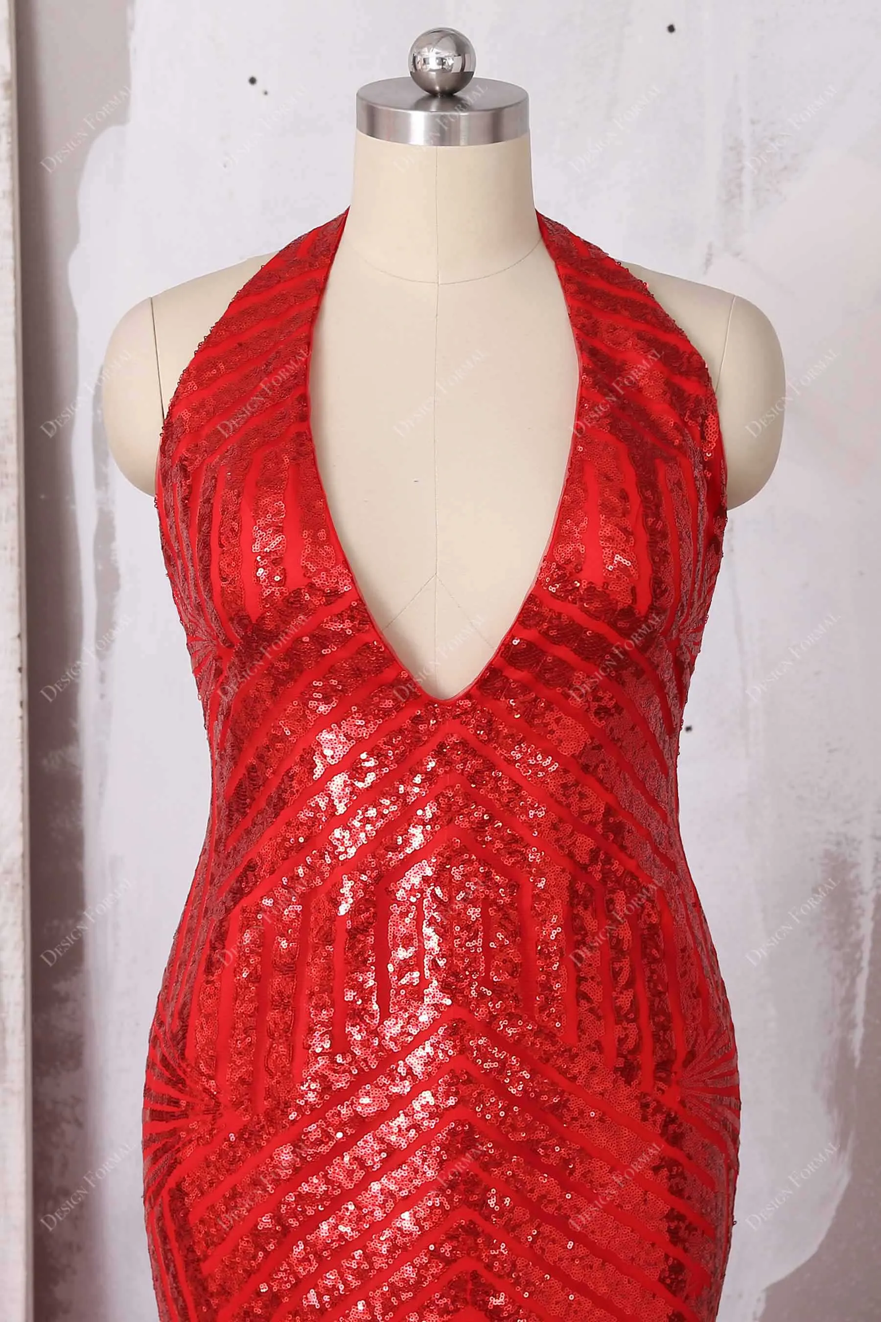 Shiny Ruby Striped Sequin Halter Plunging Mermaid Prom Dress