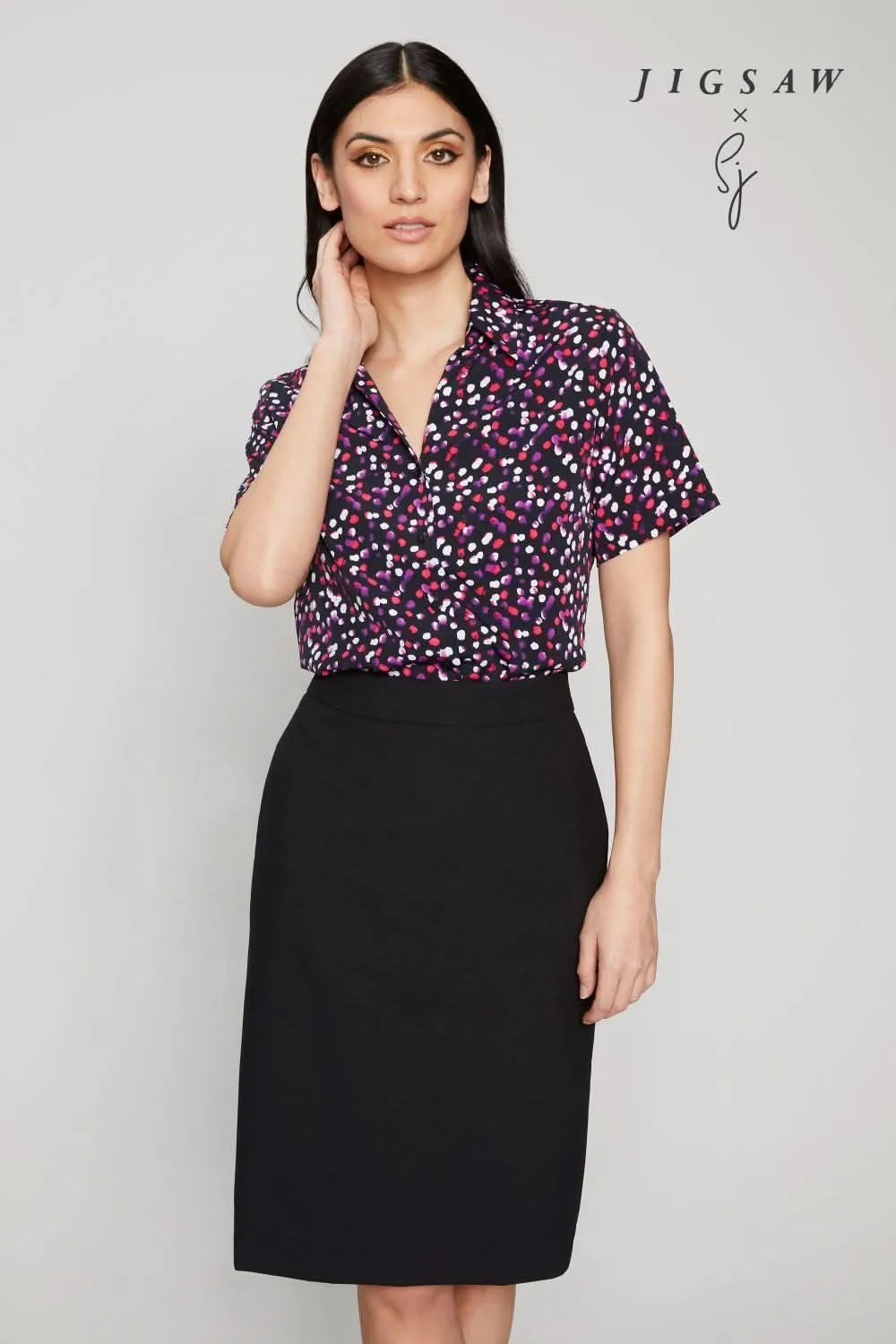 SJ043 - Open Collar Blouse - Ink Drop