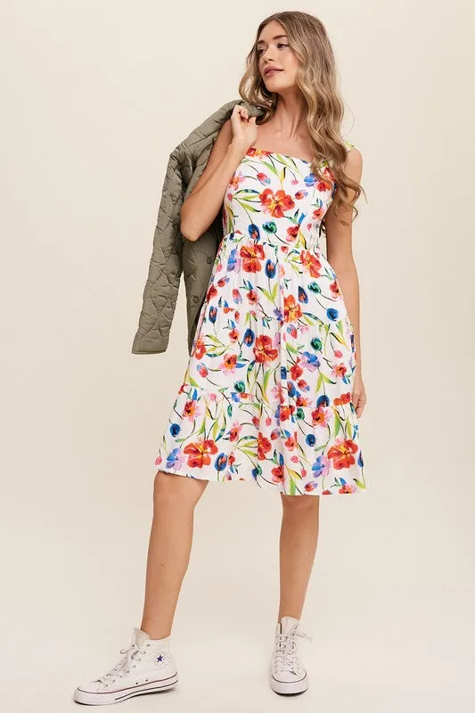 Sleeveless Floral Print Square Neck Dress