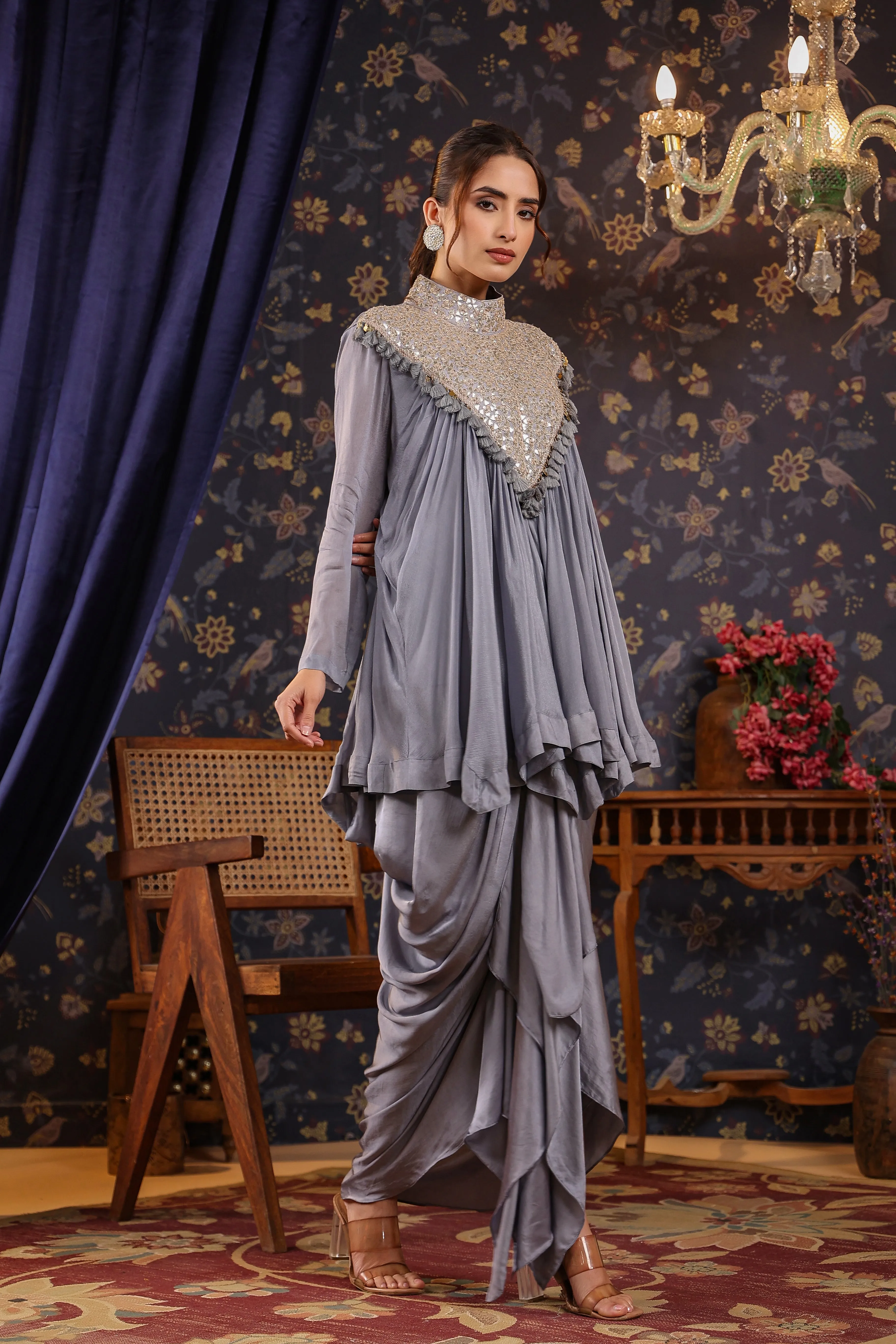 Spanish Grey Gota Embroidered Chinon Silk Draped Skirt & Top