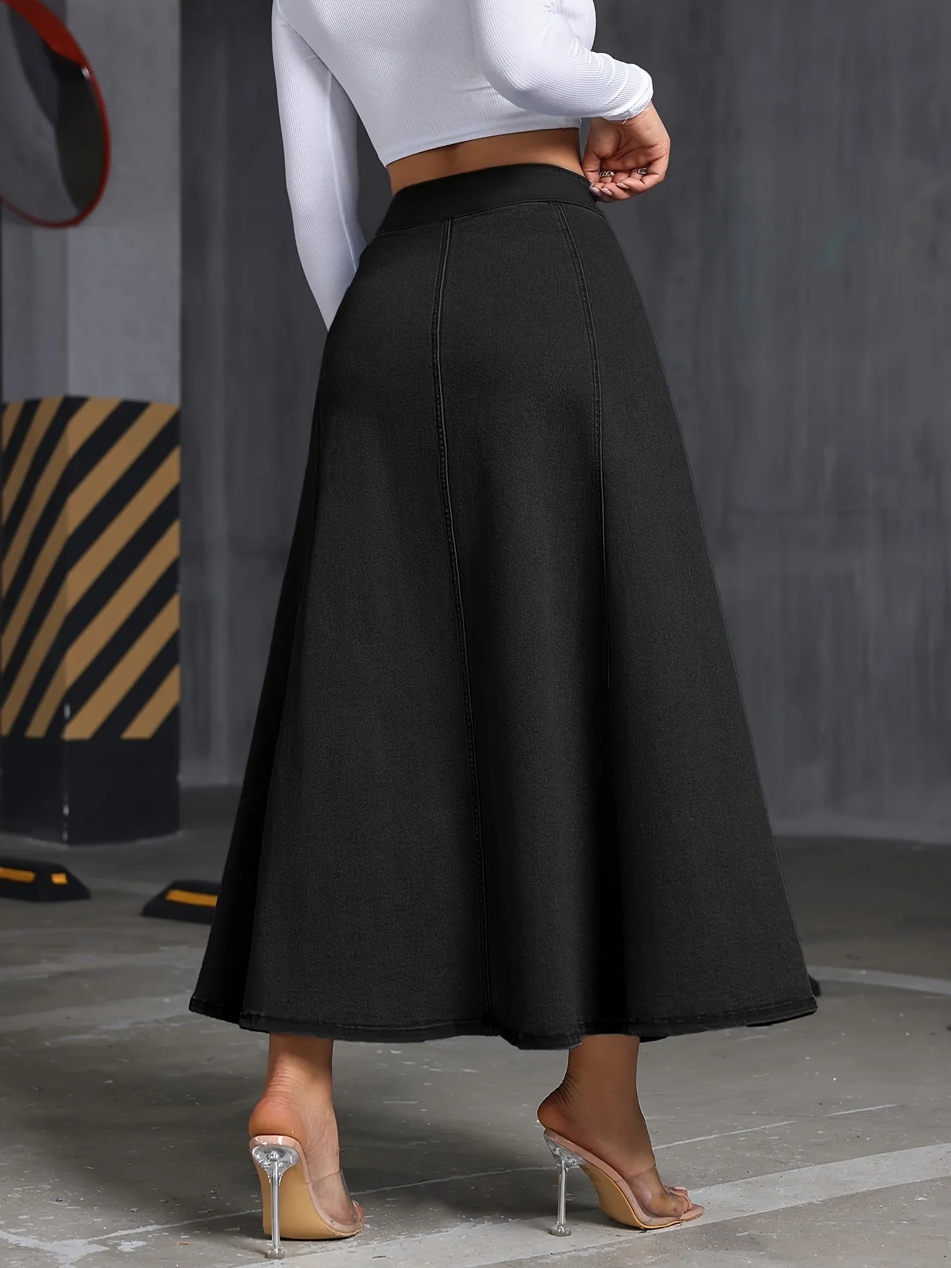 Spring/Summer/Fall Essential: 65% Cotton 35% Polyester Women's High-Waist A-Line Denim Skirt with Button Front Detail, Medium Stretch, Solid Color, Woven Fabric - Flared Long Jean Style