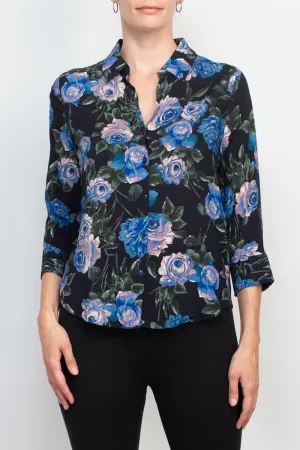 T Tahari collared 3/4 sleeve front button closure floral print woven blouse