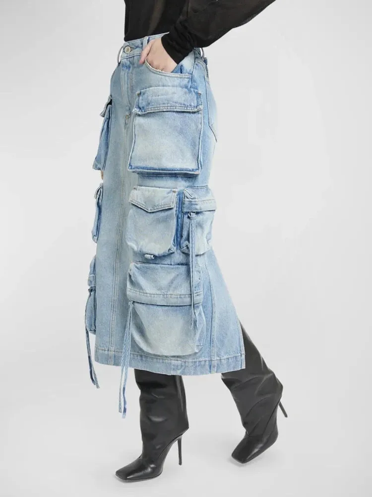 TEEK - Plenty Pockets Split Denim Cargo Skirt