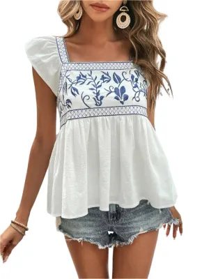 TEEK - White Embroidered Square Neck Cap Sleeve Blouse