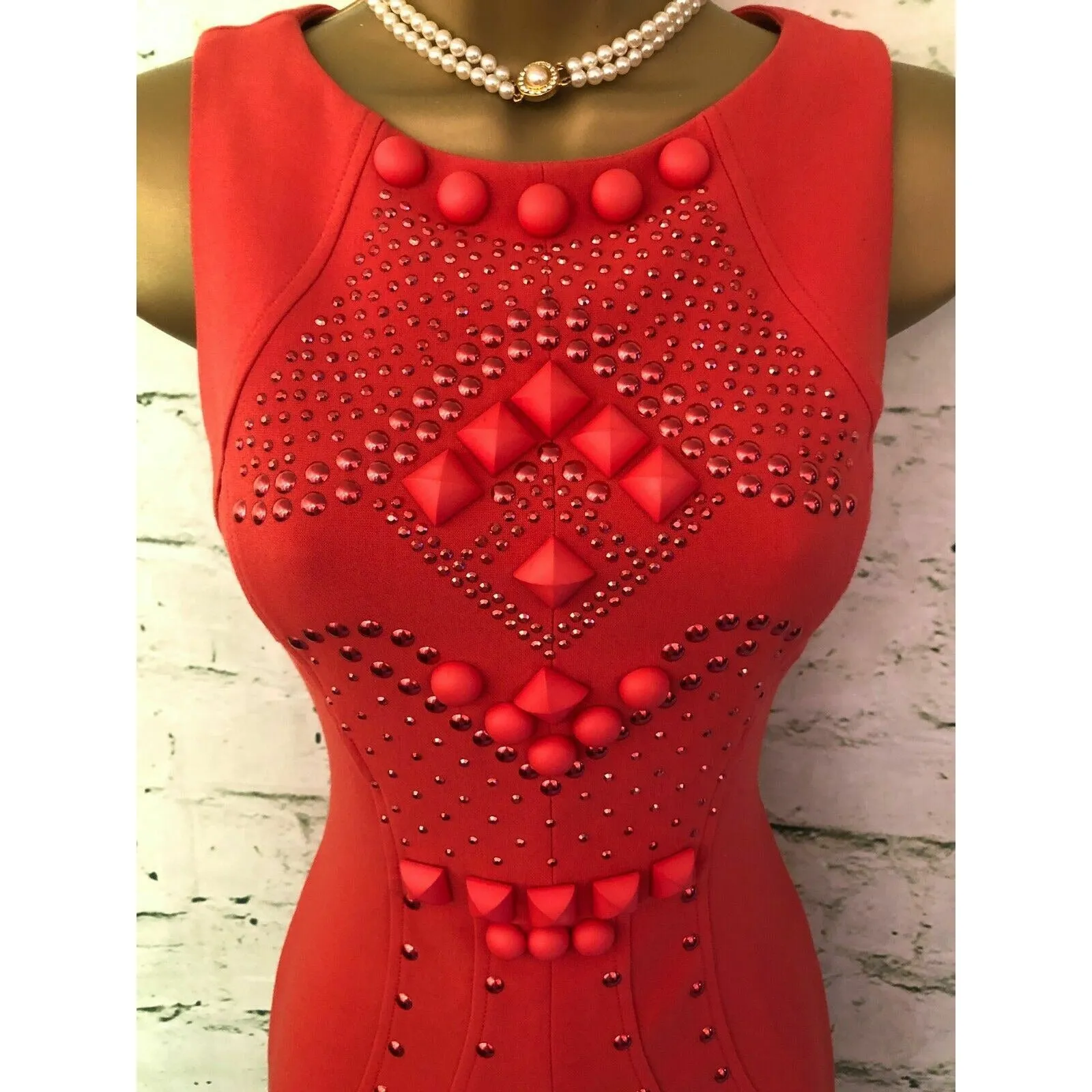 Tenax Red Studded Bodycon Sleeveless Dress UK 8 US 4 EU 36 IT 40 RRP £230.00