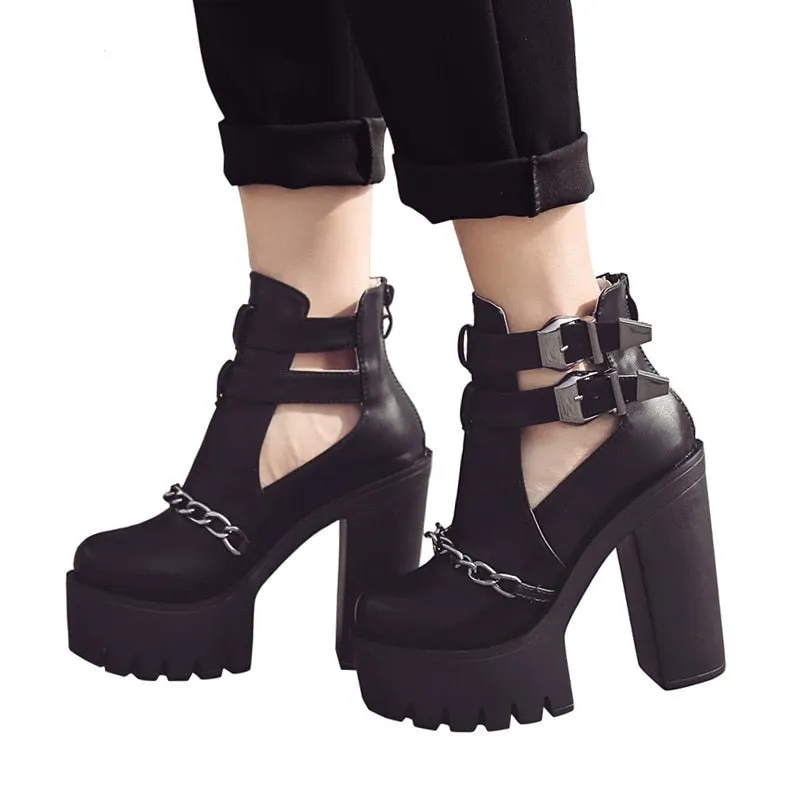 Thanksgiving  Amozae  Spring Autumn Fashion Ankle Boots For Women High Heels Casual Cut-Outs Buckle Round Toe Chain Thick Heels Platform Shoes