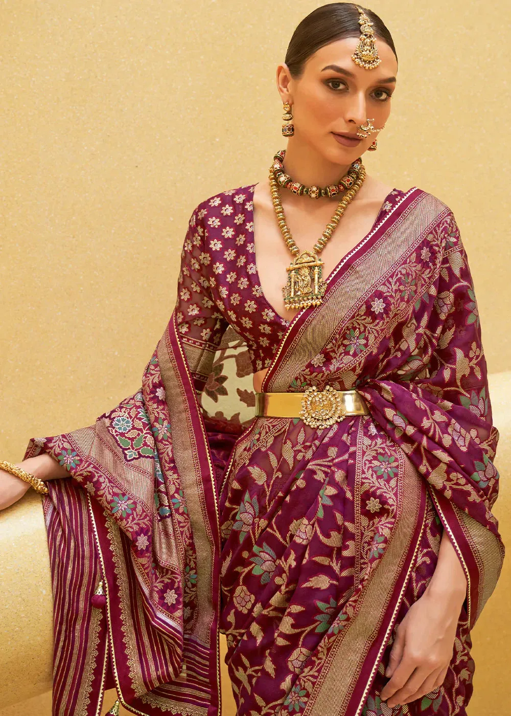 Tyrian Purple Zari Woven Brasso Organza Silk Saree