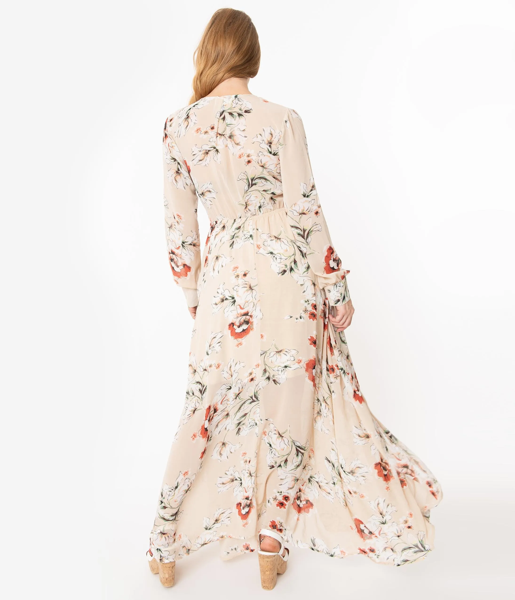 Unique Vintage Light Tan Floral Farrah Maxi Dress