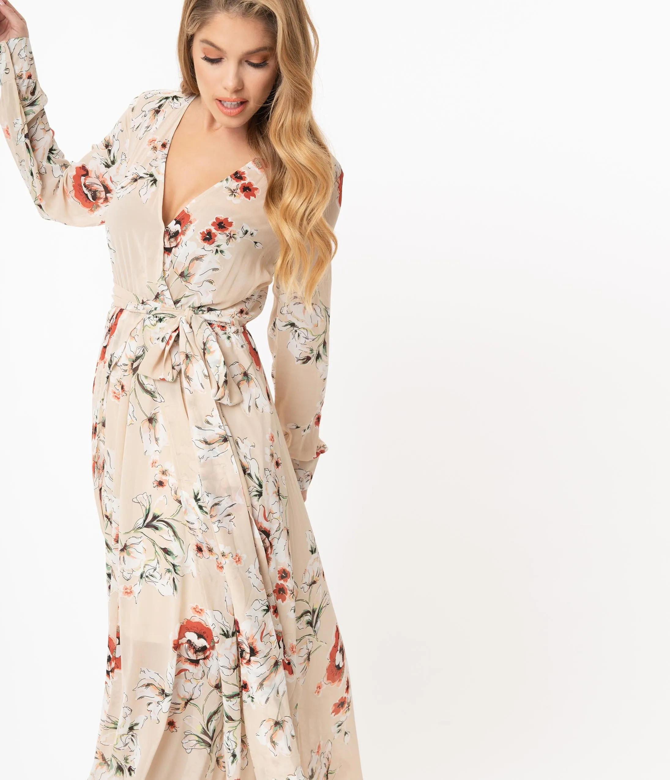 Unique Vintage Light Tan Floral Farrah Maxi Dress