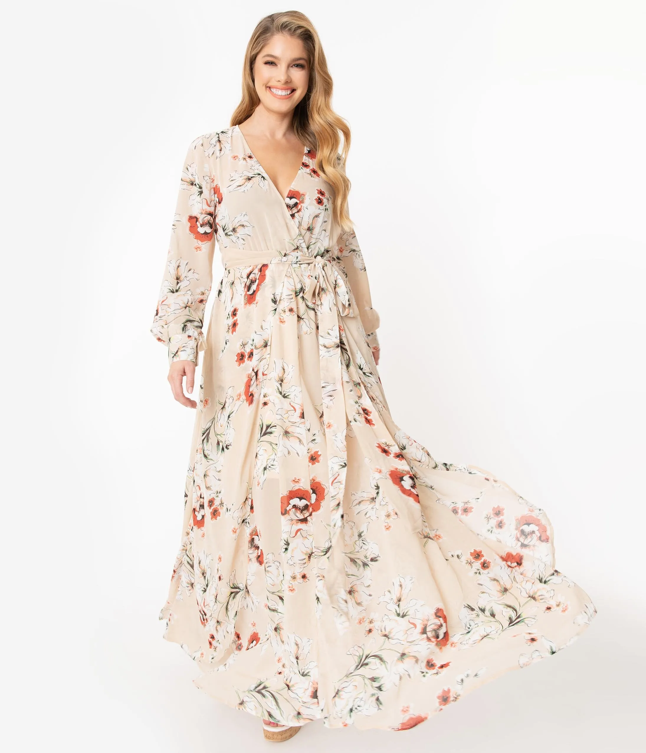 Unique Vintage Light Tan Floral Farrah Maxi Dress