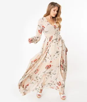 Unique Vintage Light Tan Floral Farrah Maxi Dress