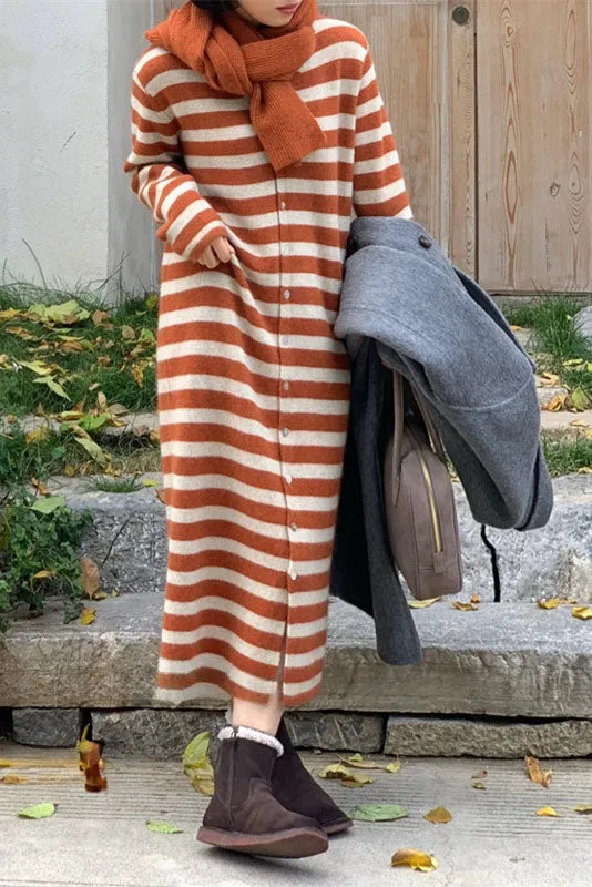 V-neck striped knitted cardigan long dress