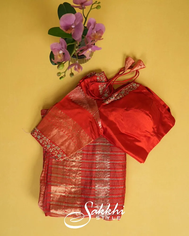 VERMILLION CRUSHED TISSUE SAREE WITH BLOUSE