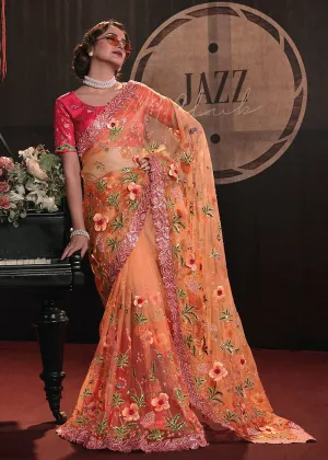 Wedding Party Shaded Orange Net Embroidered Designer Saree