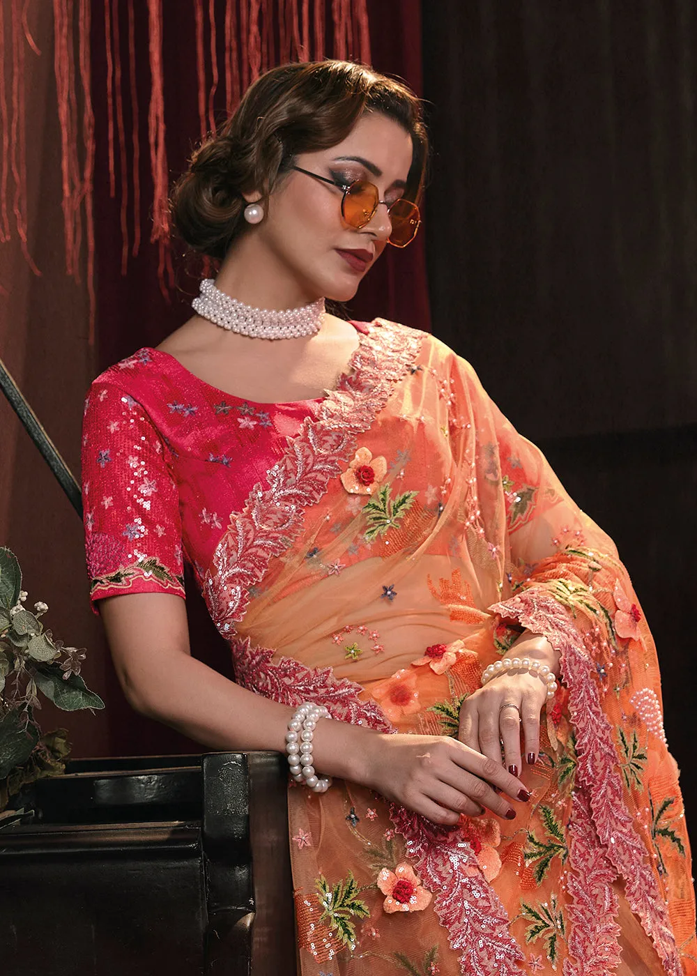 Wedding Party Shaded Orange Net Embroidered Designer Saree