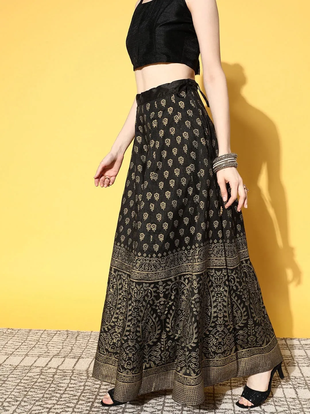 Women Black Paisely Foil Print Anarkali Skirt