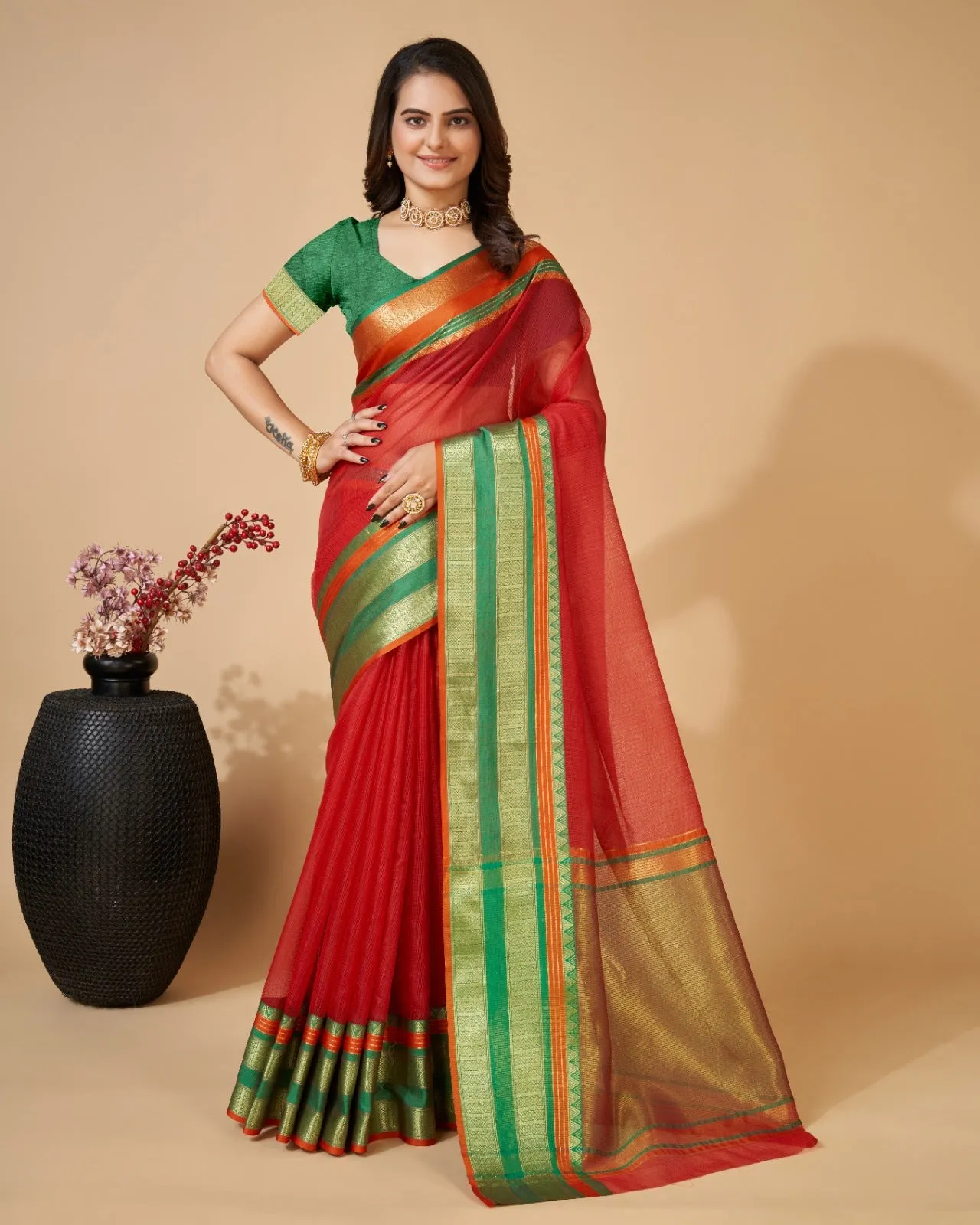 Women Casual Wear Kota Doriya(Semi Cotton) Saree with Un-Stitched Blouse