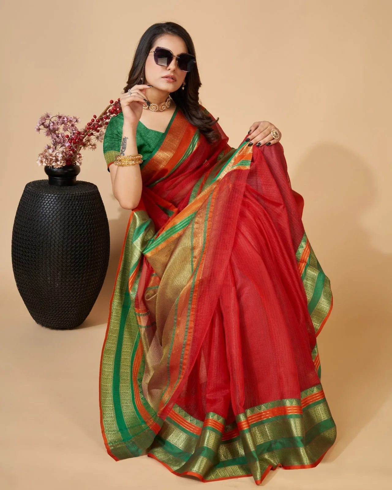 Women Casual Wear Kota Doriya(Semi Cotton) Saree with Un-Stitched Blouse