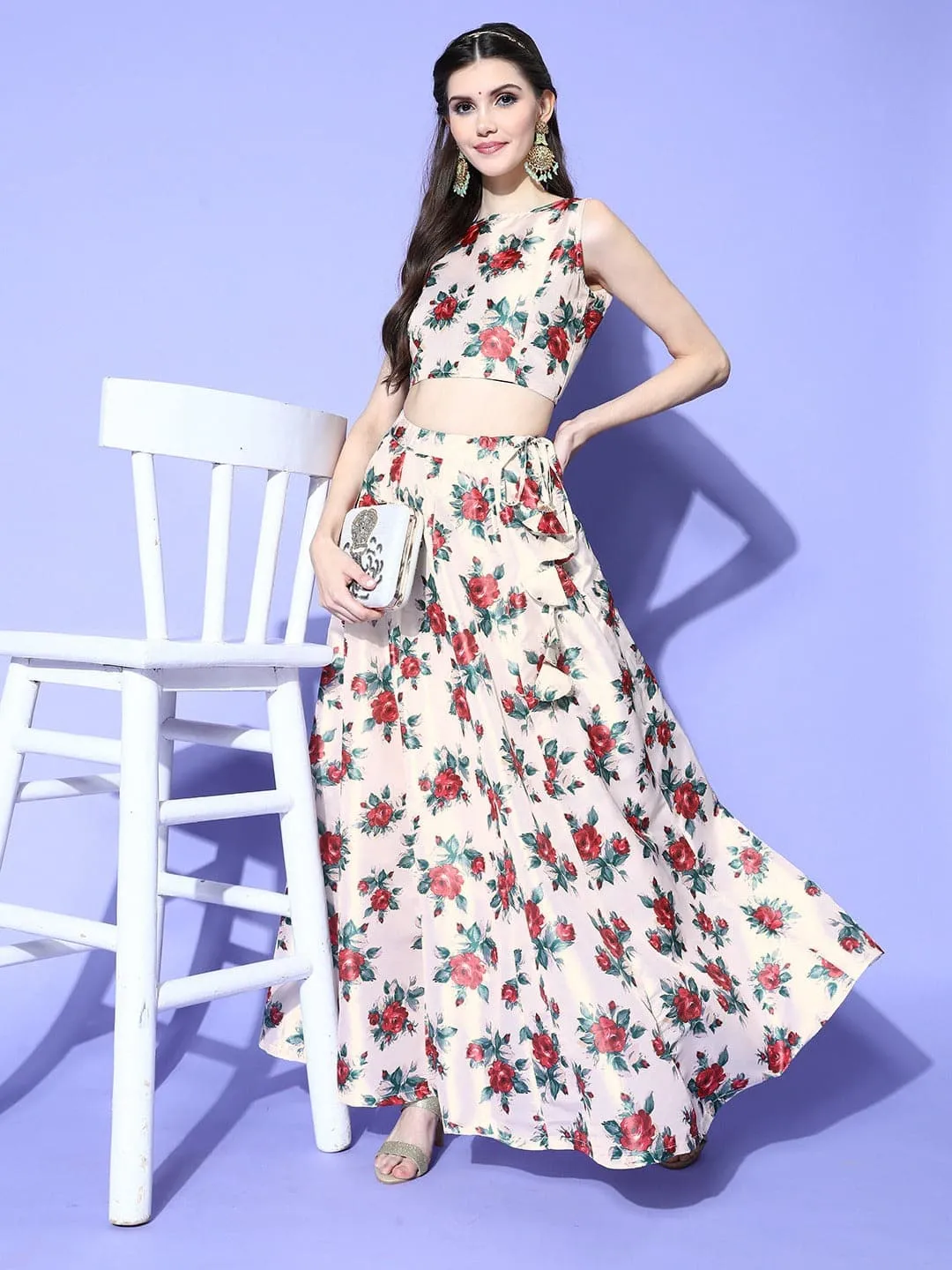 Women Cream Floral Crop Top With Anarkali Skirt