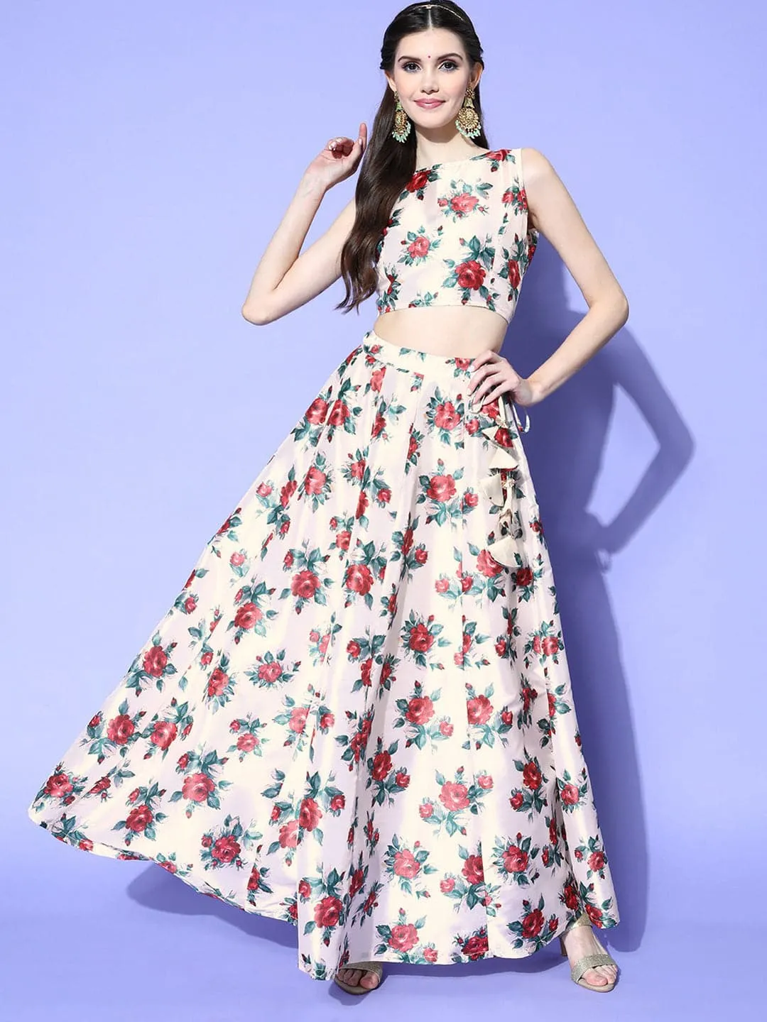 Women Cream Floral Crop Top With Anarkali Skirt