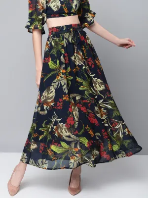 Women Navy Floral Maxi Skirt