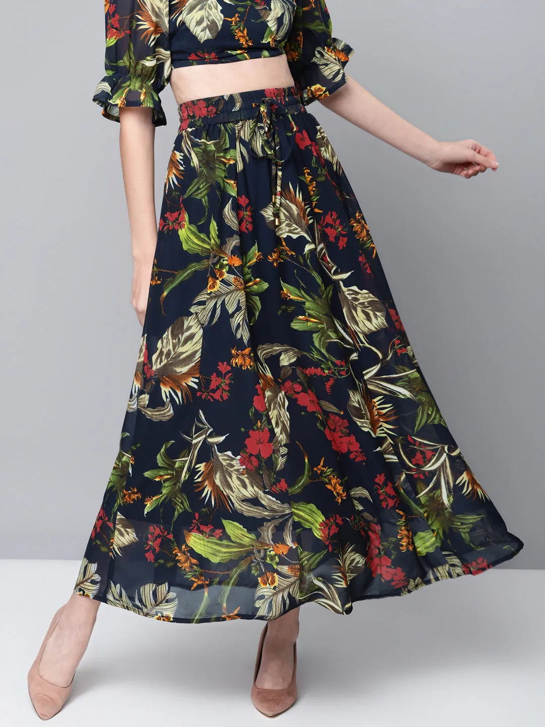 Women Navy Floral Maxi Skirt