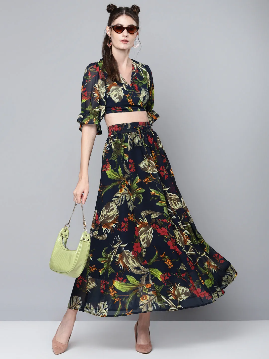 Women Navy Floral Maxi Skirt