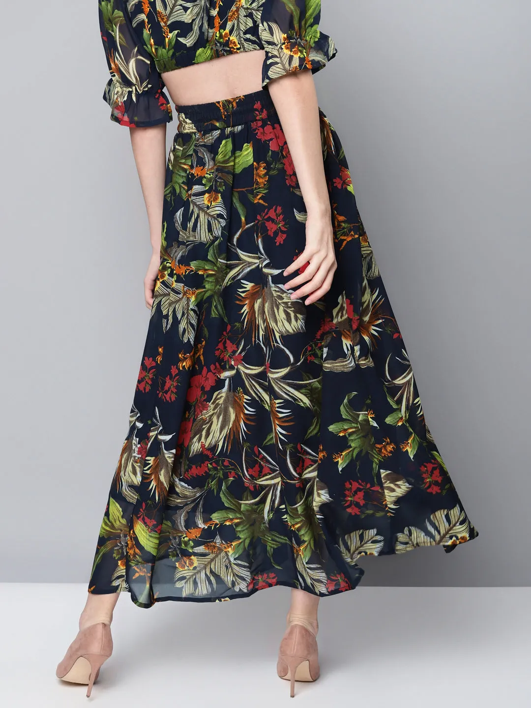 Women Navy Floral Maxi Skirt