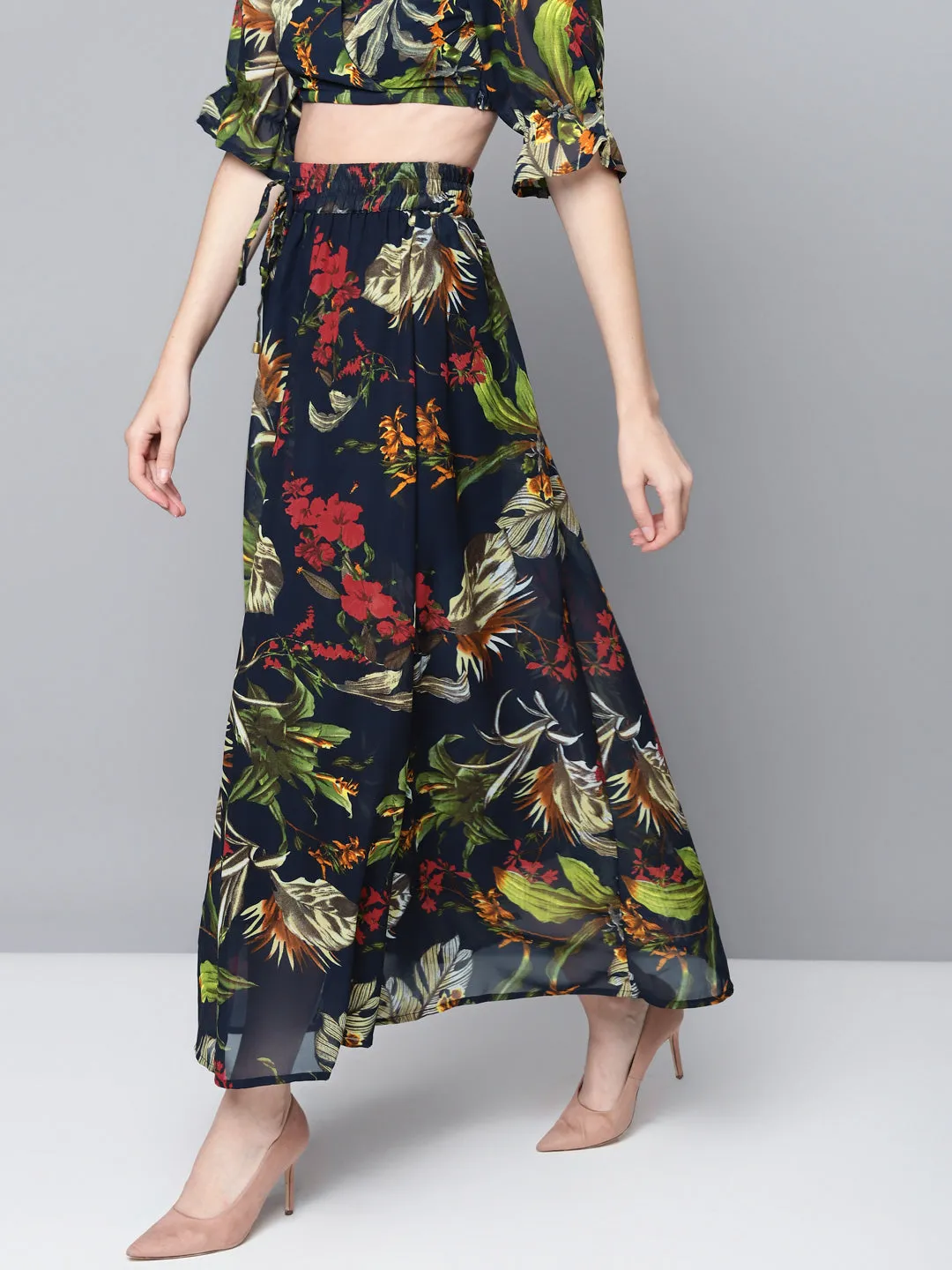 Women Navy Floral Maxi Skirt