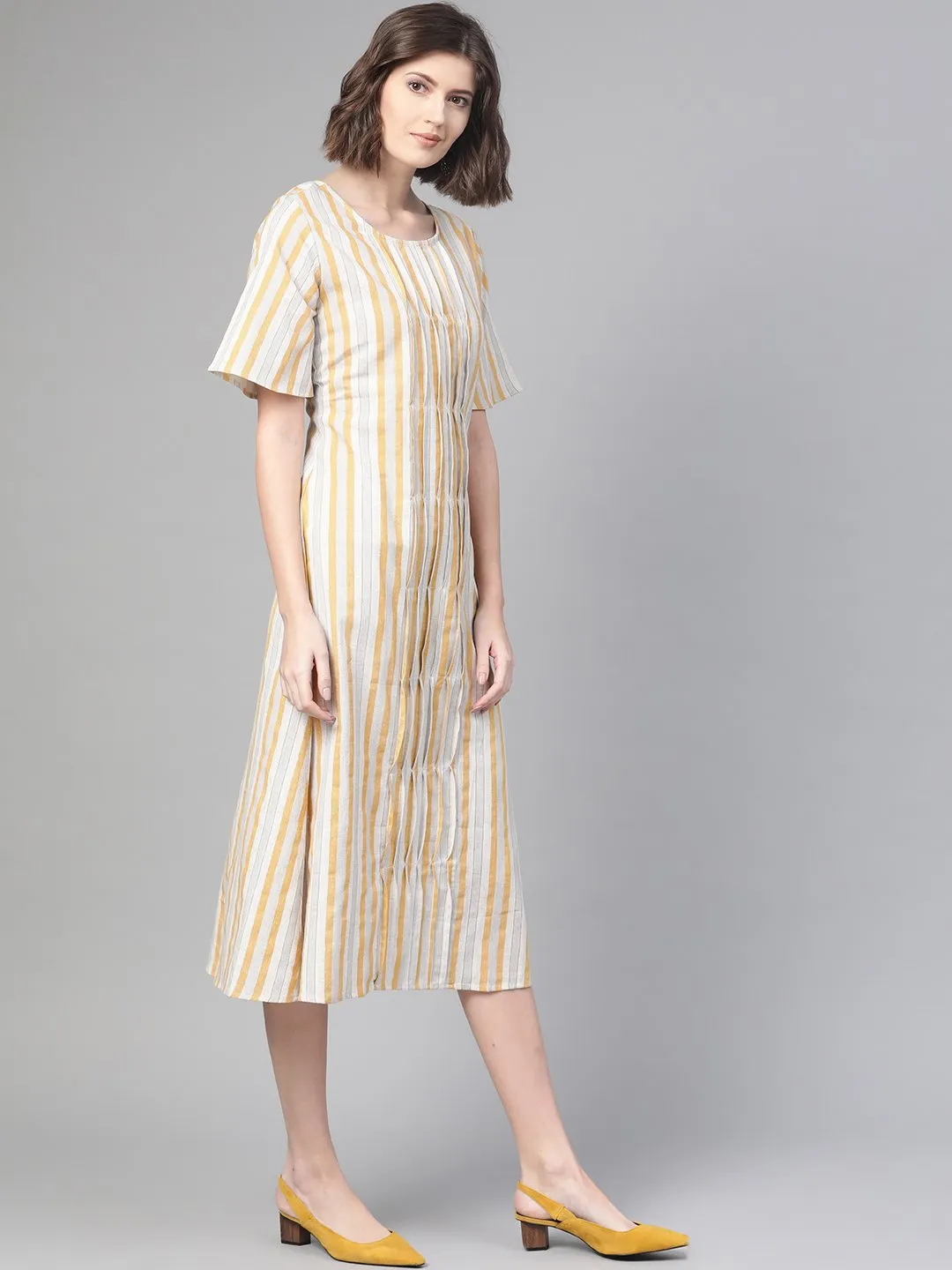 Women Off White & Mustard Striped Striped A-Line Dress