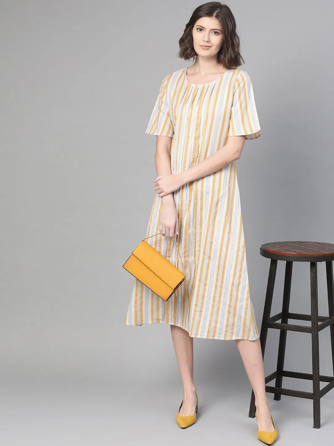 Women Off White & Mustard Striped Striped A-Line Dress