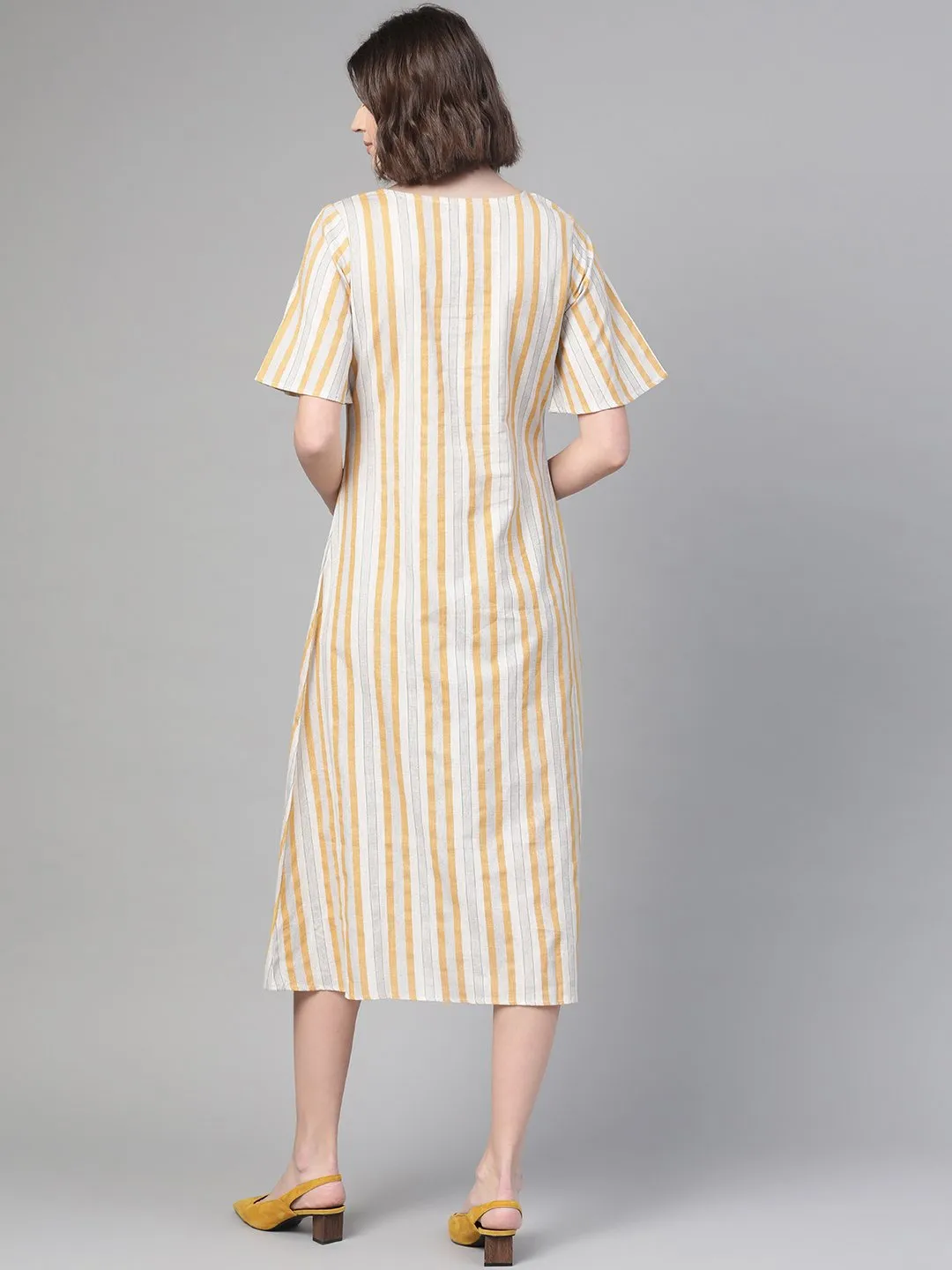 Women Off White & Mustard Striped Striped A-Line Dress