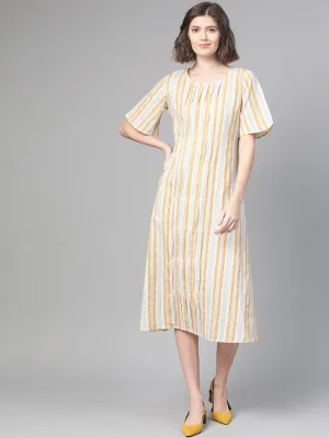 Women Off White & Mustard Striped Striped A-Line Dress