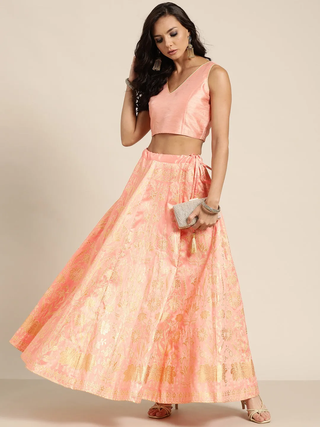 Women Peach Foil Print Anarkali Skirt