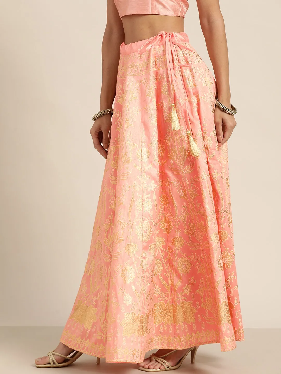 Women Peach Foil Print Anarkali Skirt