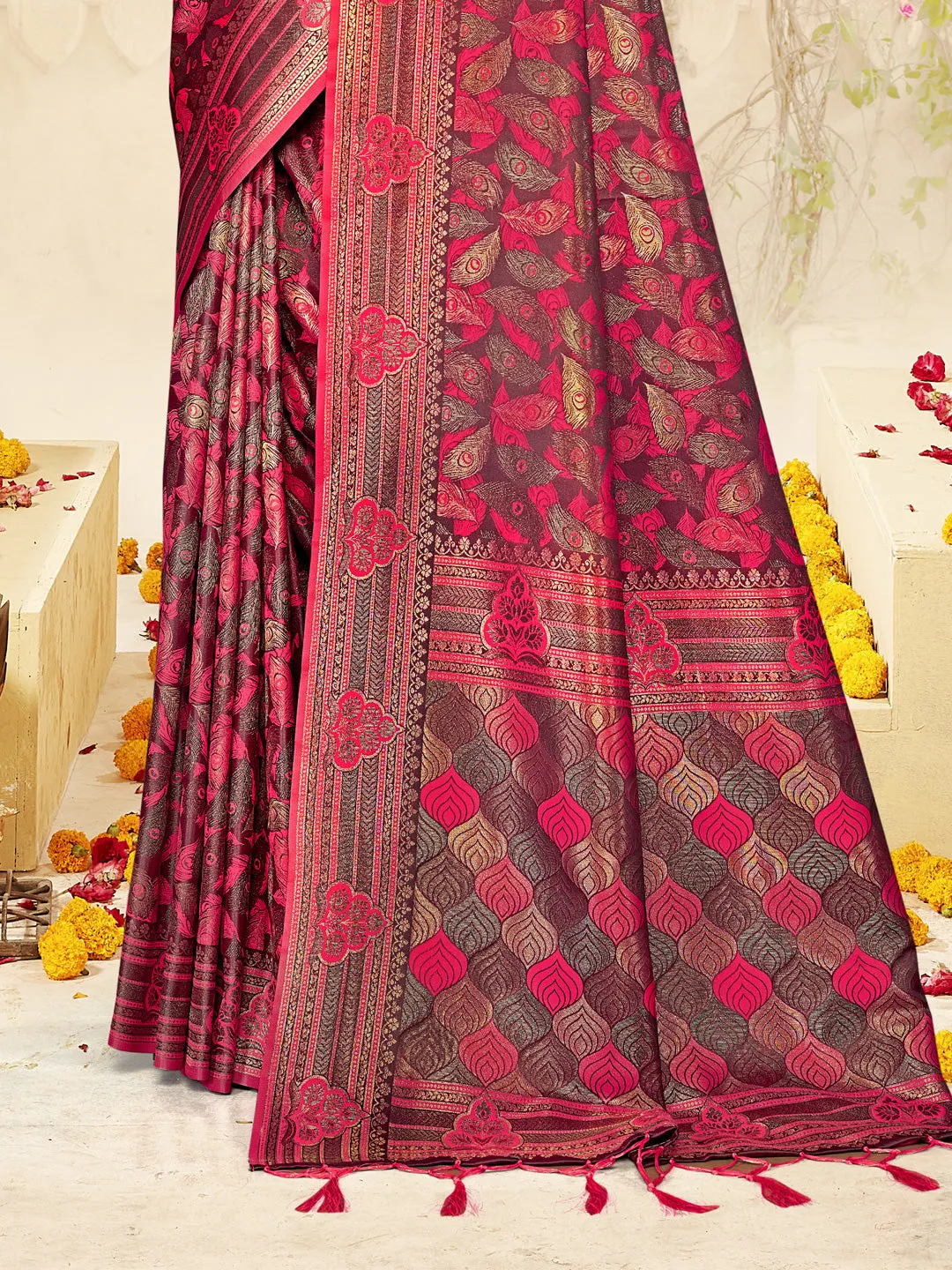 Women Rani Satin Silk Saree With Un Stitched Blouse