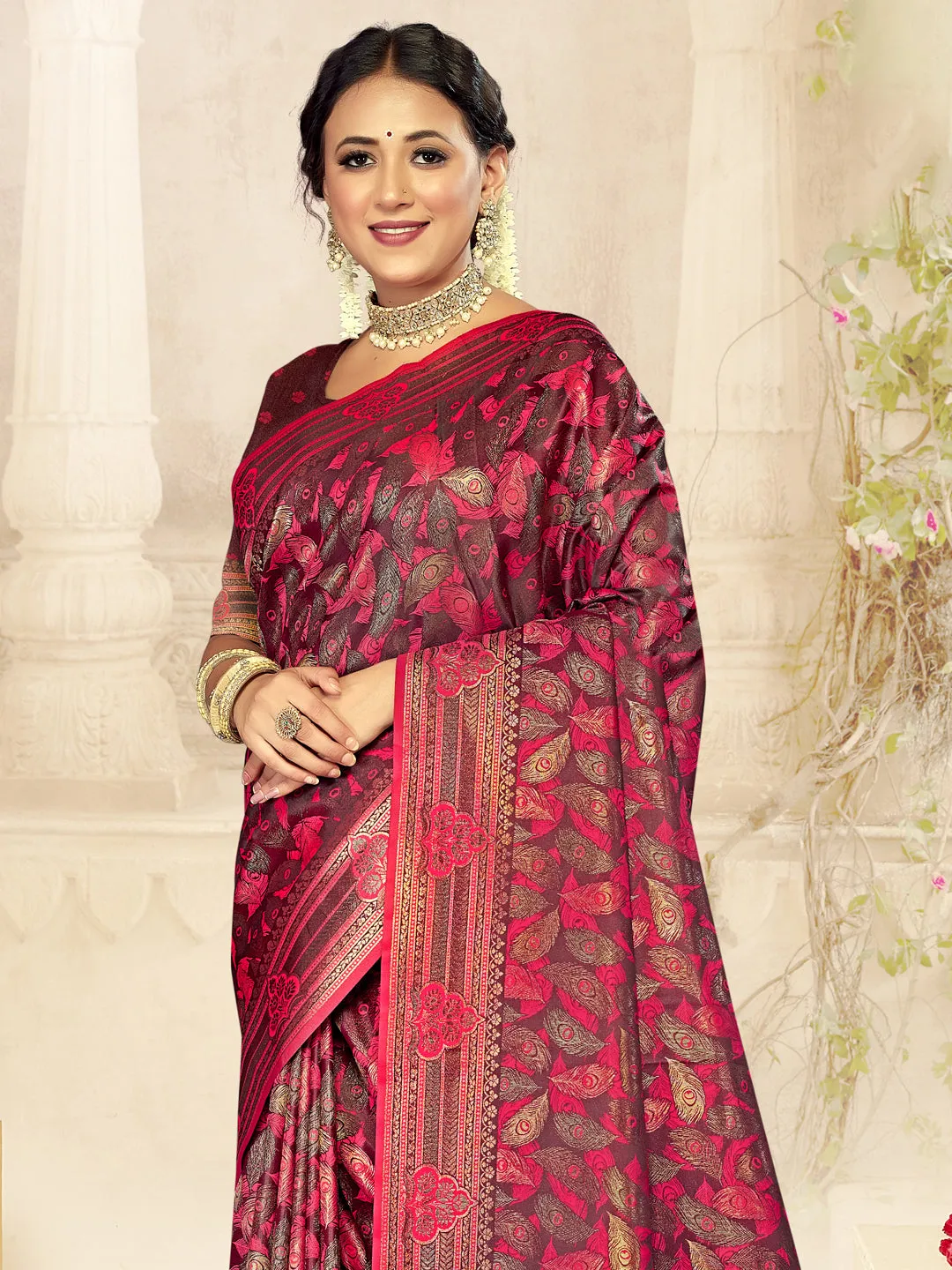 Women Rani Satin Silk Saree With Un Stitched Blouse