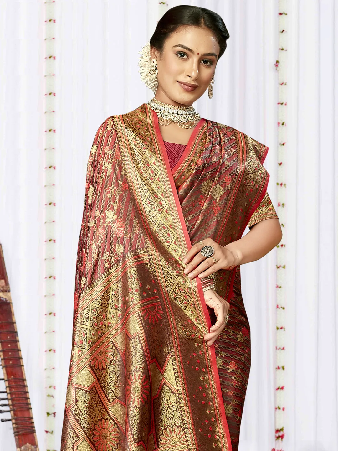 Women Red Satin Silk Saree With Un Stitched Blouse