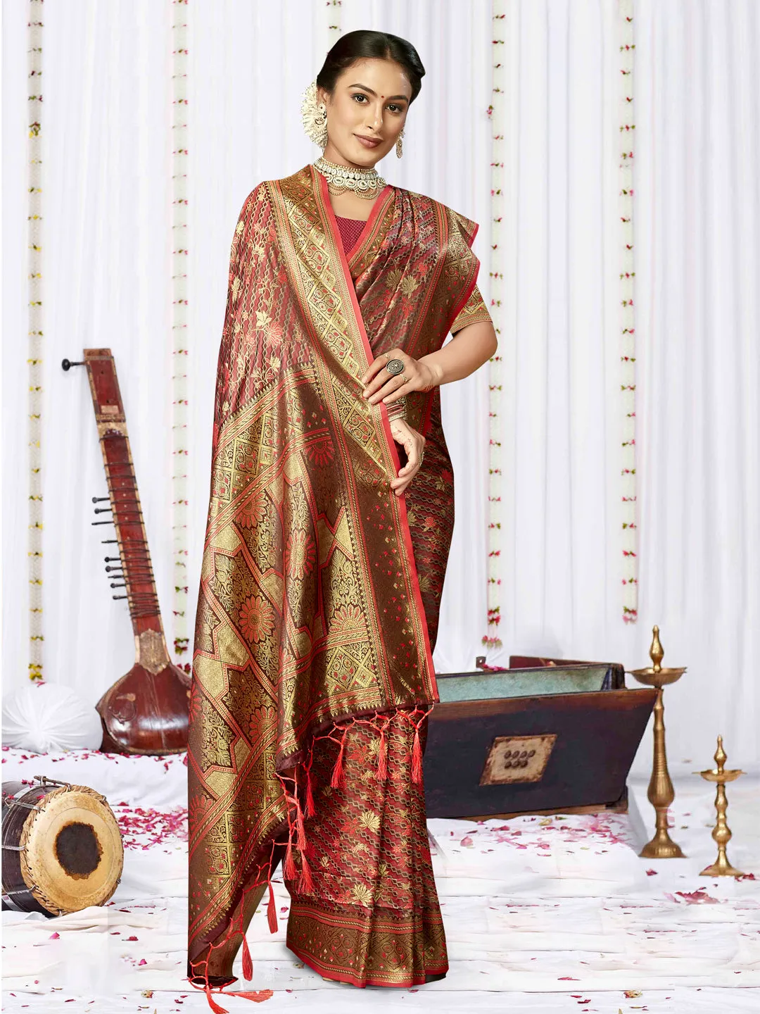 Women Red Satin Silk Saree With Un Stitched Blouse