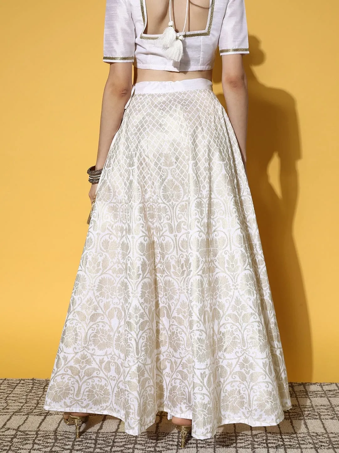 Women White Foil Print Anarkali Skirt